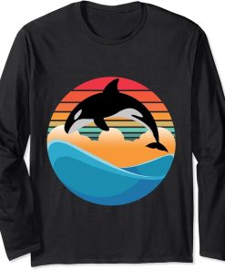 Orca killer Whale Jump in Vintage and Retro Sunset and Sea Long Sleeve T-Shirt