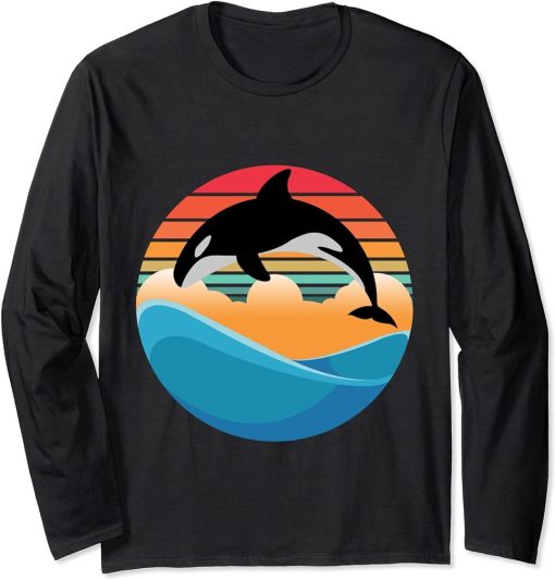 Orca killer Whale Jump in Vintage and Retro Sunset and Sea Long Sleeve T-Shirt