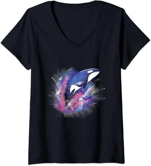 Womens Orca Killer Whale In Outer Space Universe Galaxy Vintage V-Neck T-Shirt