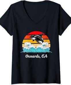 Womens Vintage Oxnards CA Distressed Orca Killer Whale Art V-Neck T-Shirt