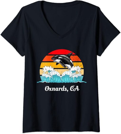 Womens Vintage Oxnards CA Distressed Orca Killer Whale Art V-Neck T-Shirt