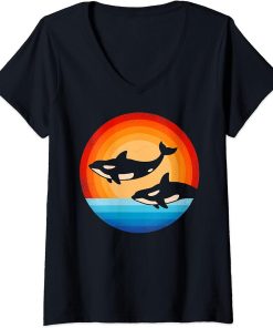 Womens Orca Killer Whale Retro Vintage 60s 70s Sunset Sea Animal V-Neck T-Shirt