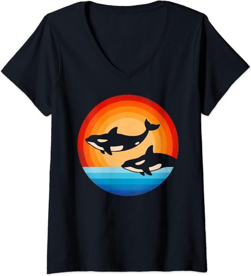 Womens Orca Killer Whale Retro Vintage 60s 70s Sunset Sea Animal V-Neck T-Shirt