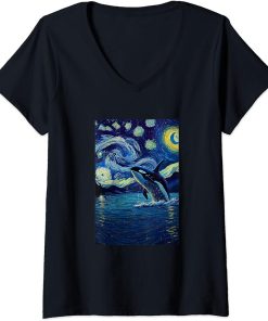 Womens Orca starry night painting in Starry Night Painting V-Neck T-Shirt