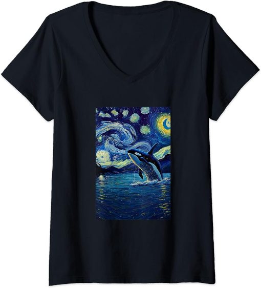 Womens Orca starry night painting in Starry Night Painting V-Neck T-Shirt