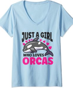 Womens Just A Girl Who Loves Orcas | Killer Whales Sea Ocean Orca V-Neck T-Shirt