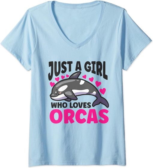 Womens Just A Girl Who Loves Orcas | Killer Whales Sea Ocean Orca V-Neck T-Shirt