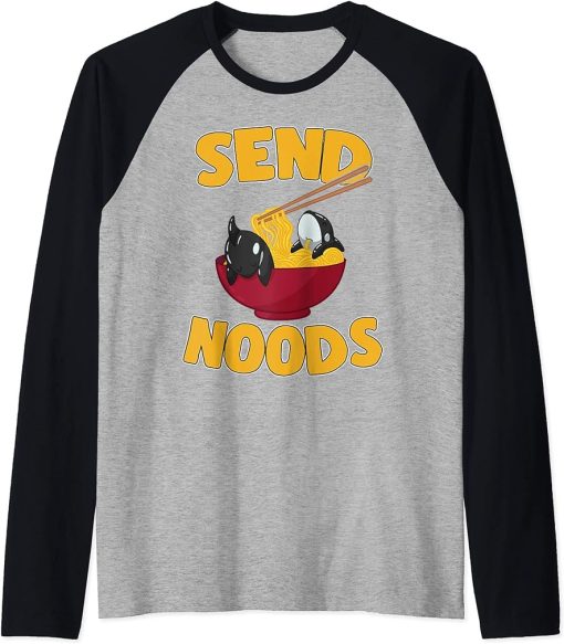 Send Noods Kawaii Orca Whale Ramen Noodles Japanese Raglan Baseball Tee